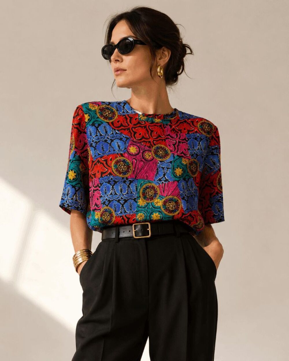 VTG Christie & Jill 100% Silk Colorful Statement Print Blouse Large
